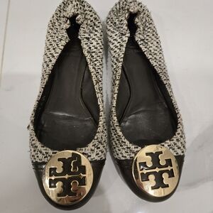 Tory Burch Tweed Ballet Flats with Gold Logo Accent - Espresso Brown & Cream